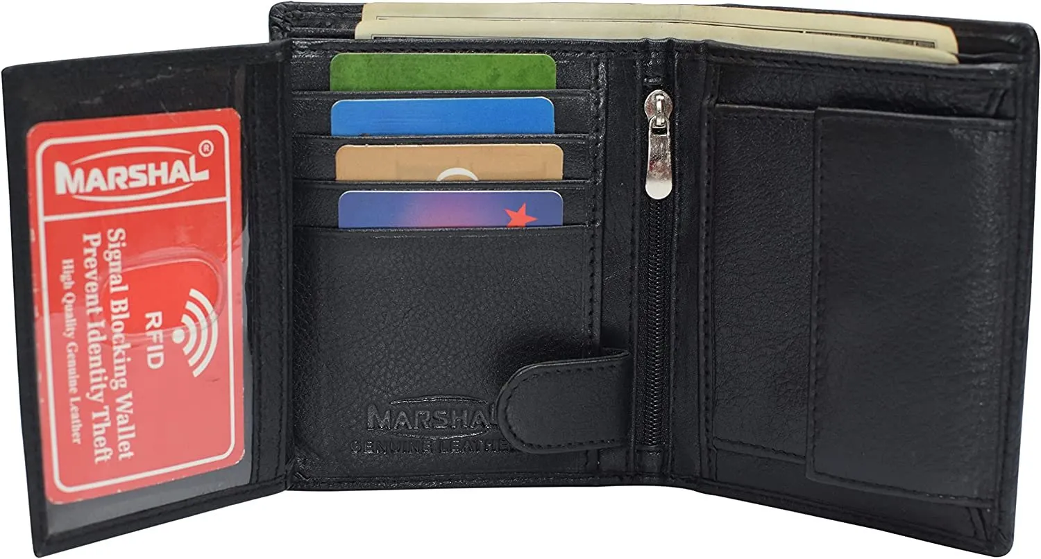 Marshal Men's Genuine Leather Hipster Style Bifold Trifold RFID Blocking Wallet with ID Window