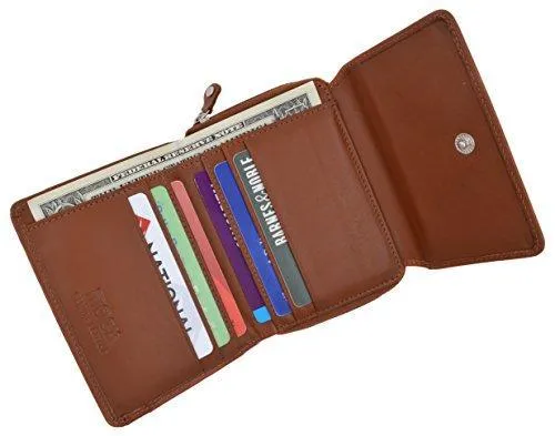 Moga Ladies Genuine Leather Trifold ID Card Holder Wallet With Zippered Compartment Women