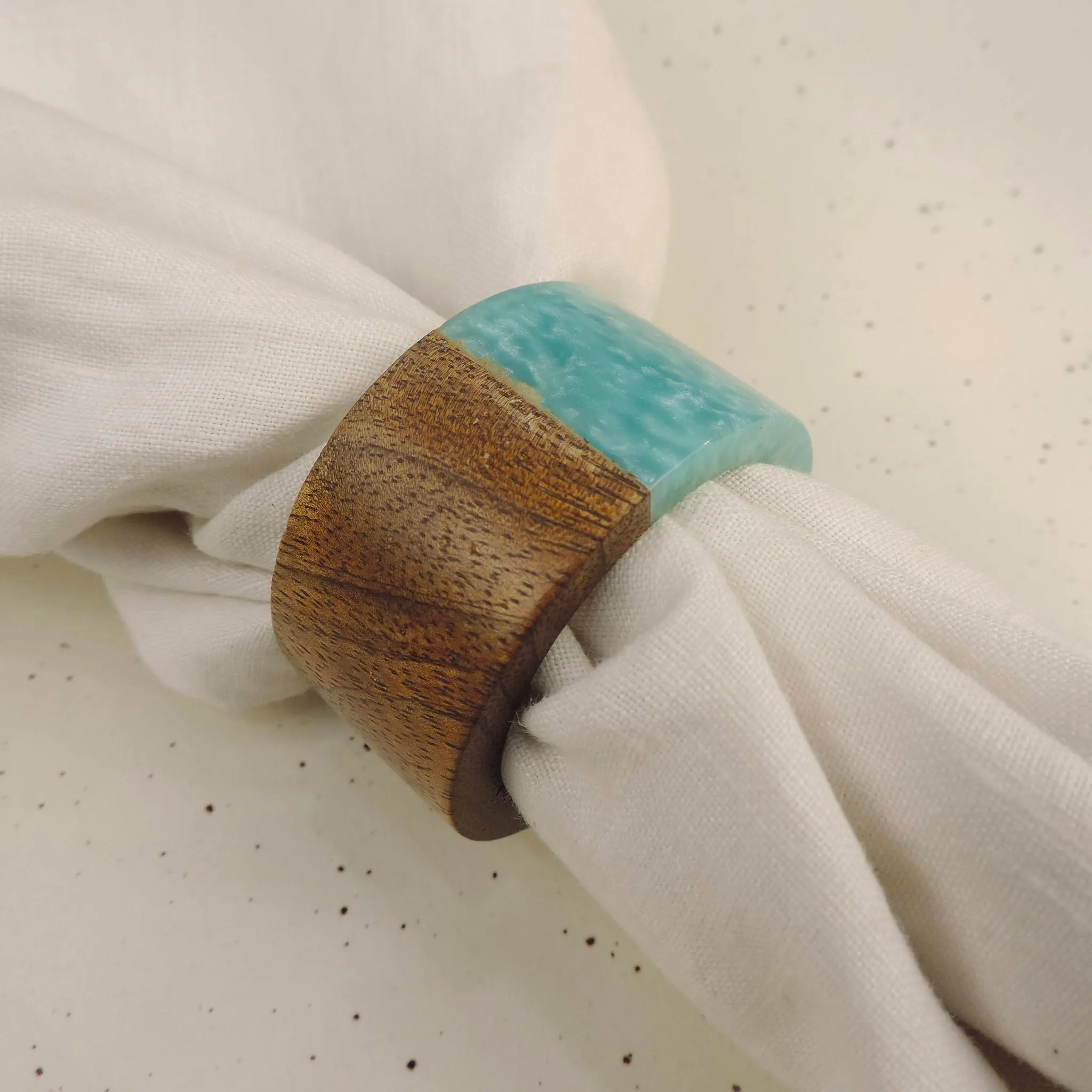 Natural Mango Wood Round Resin Napkin Ring in Aqua, Set of 4