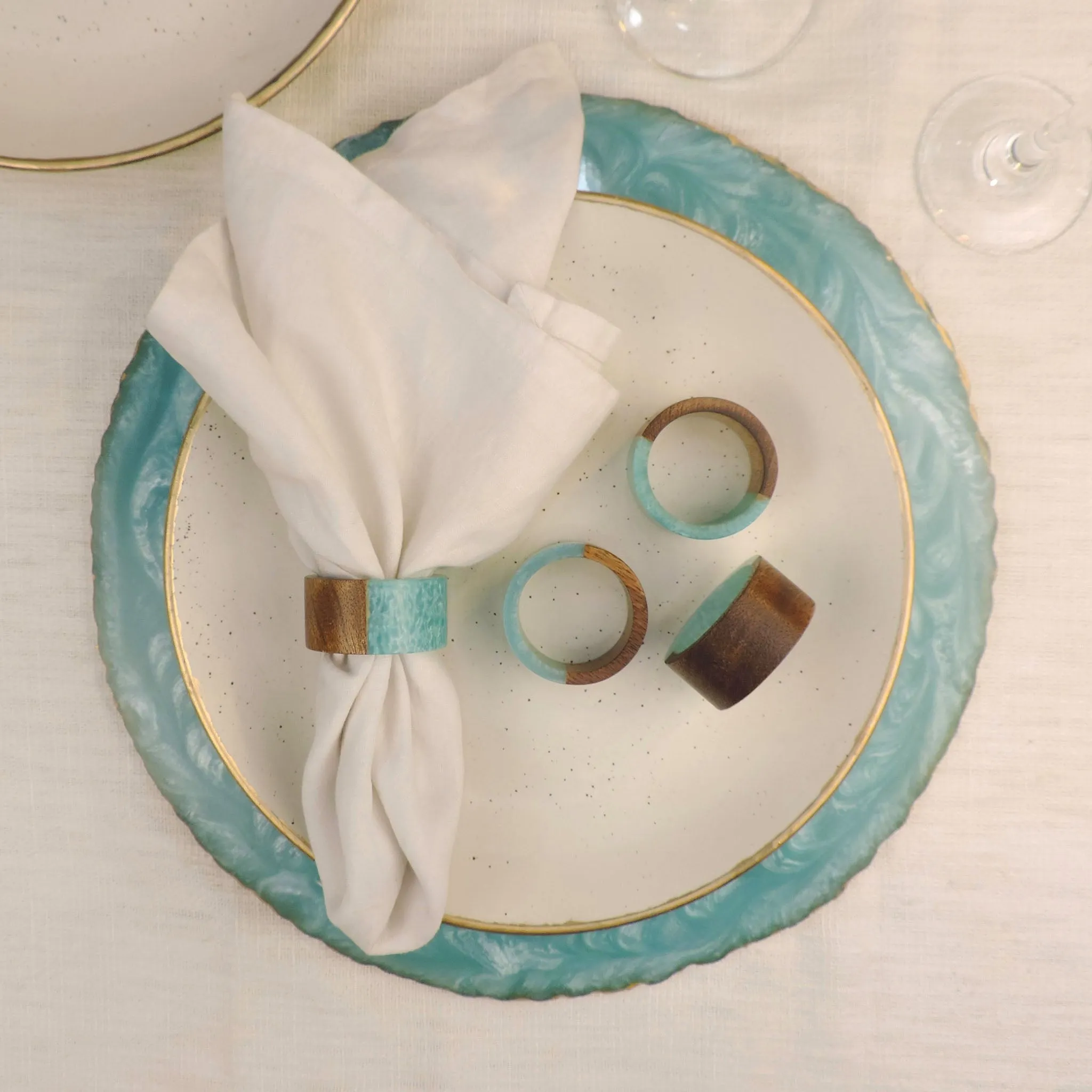 Natural Mango Wood Round Resin Napkin Ring in Aqua, Set of 4