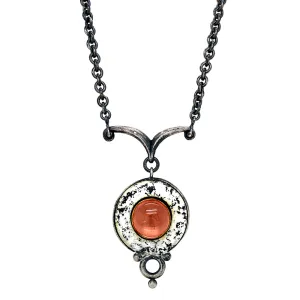 Peach Tourmaline Cabochon & White Enamel Necklace - "Maru"