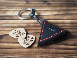 Personalized Leather Guitar Pick Holder Keychain #Black with Red thread