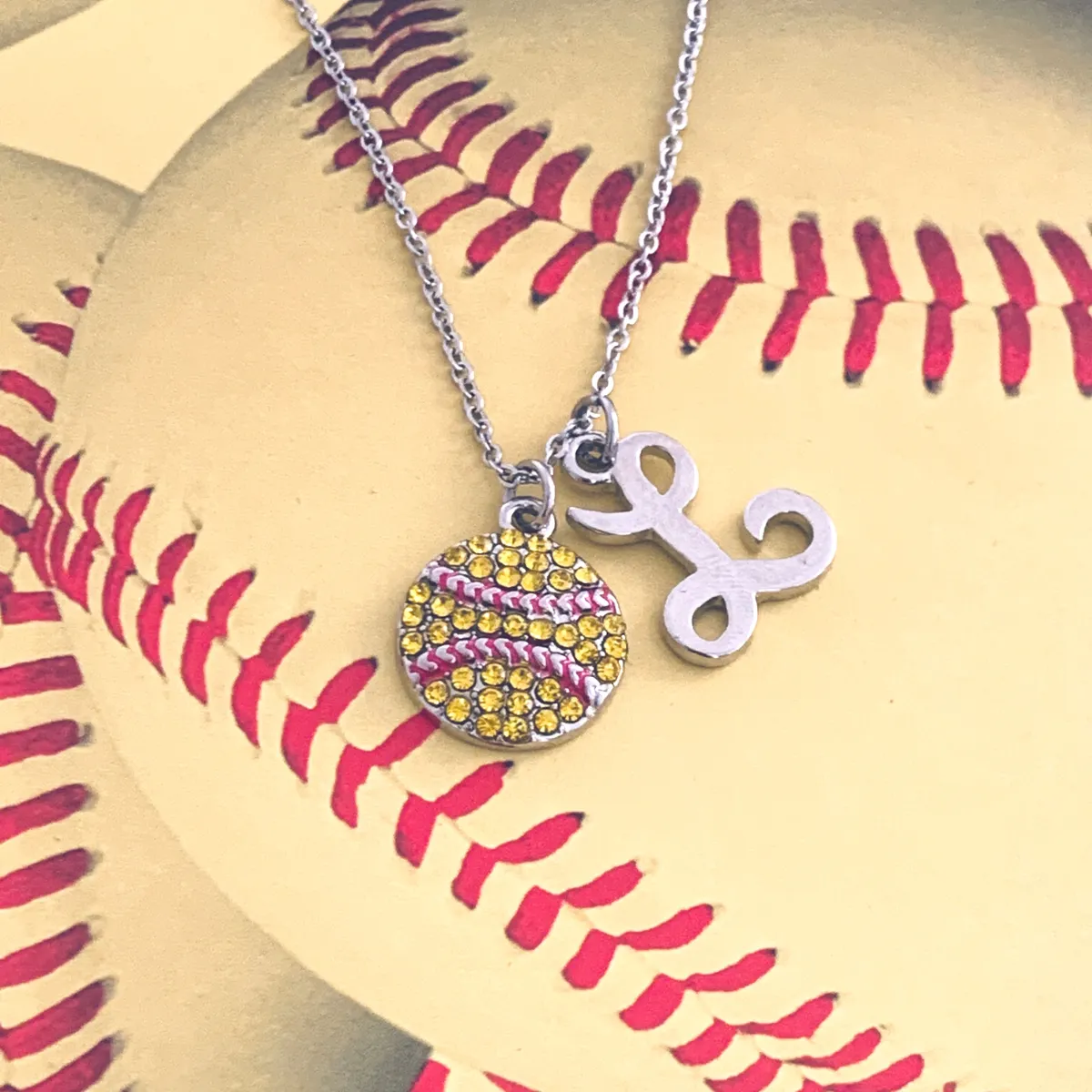 Personalized Softball Rhinestone Necklace- Letter