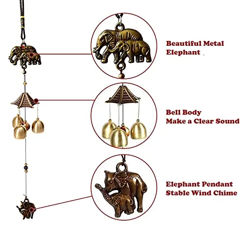 PSEUDO Elephant Metal Wind Chimes for Home Balcony Garden Positive Energy, Home Decor Hanging Long Brass Bells Gifts for Loved Ones 3 Bells