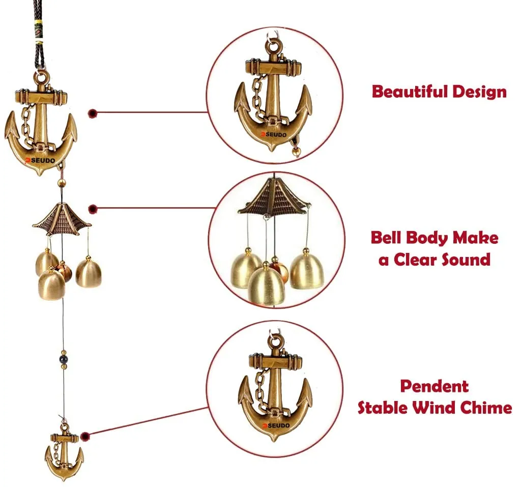 PSEUDO Ship Anchor Design Wind Chime Bells for Home Positive Energy (3 Bells with 1 Balls)