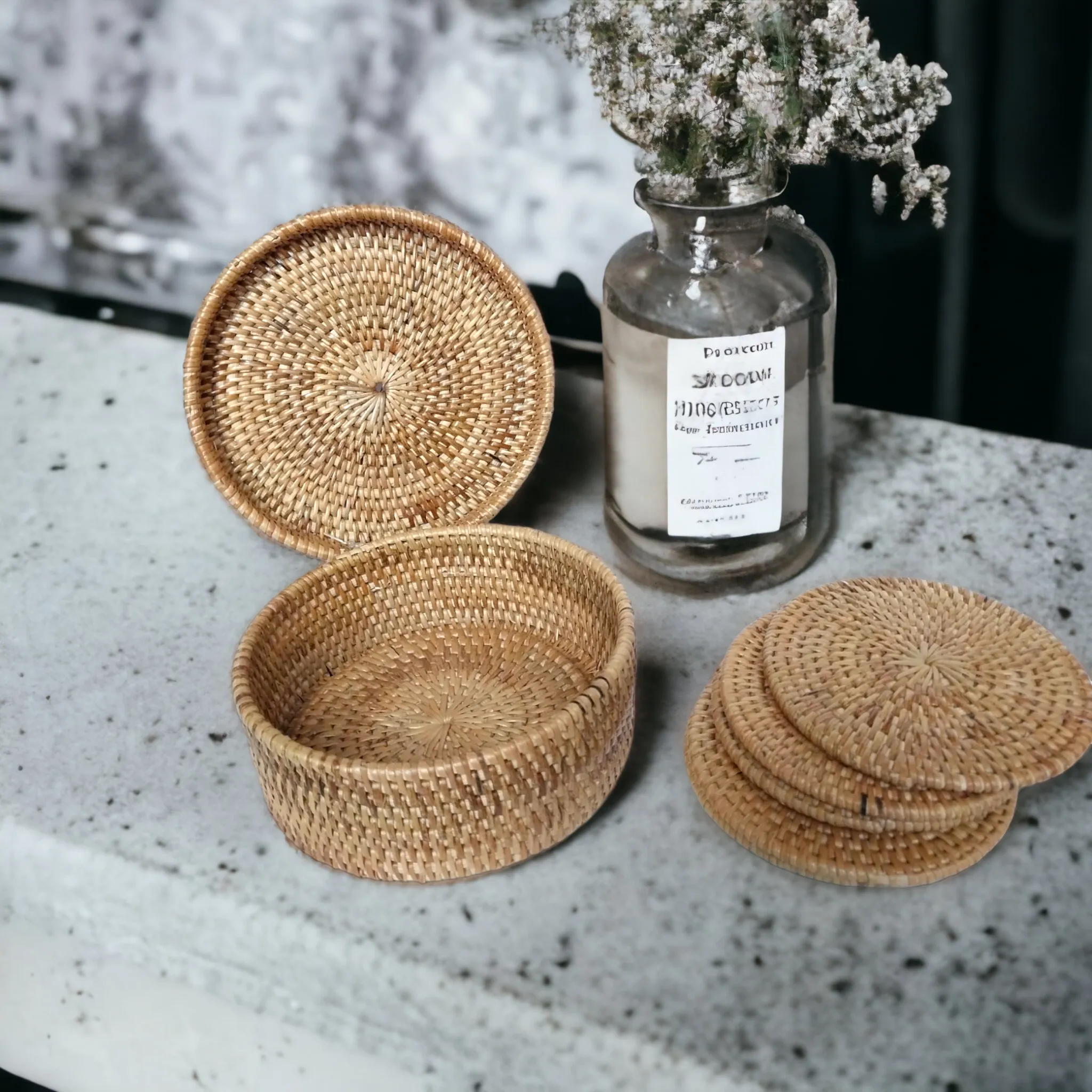 Rattan Round Coasters-with holder-Set of 6-Honey