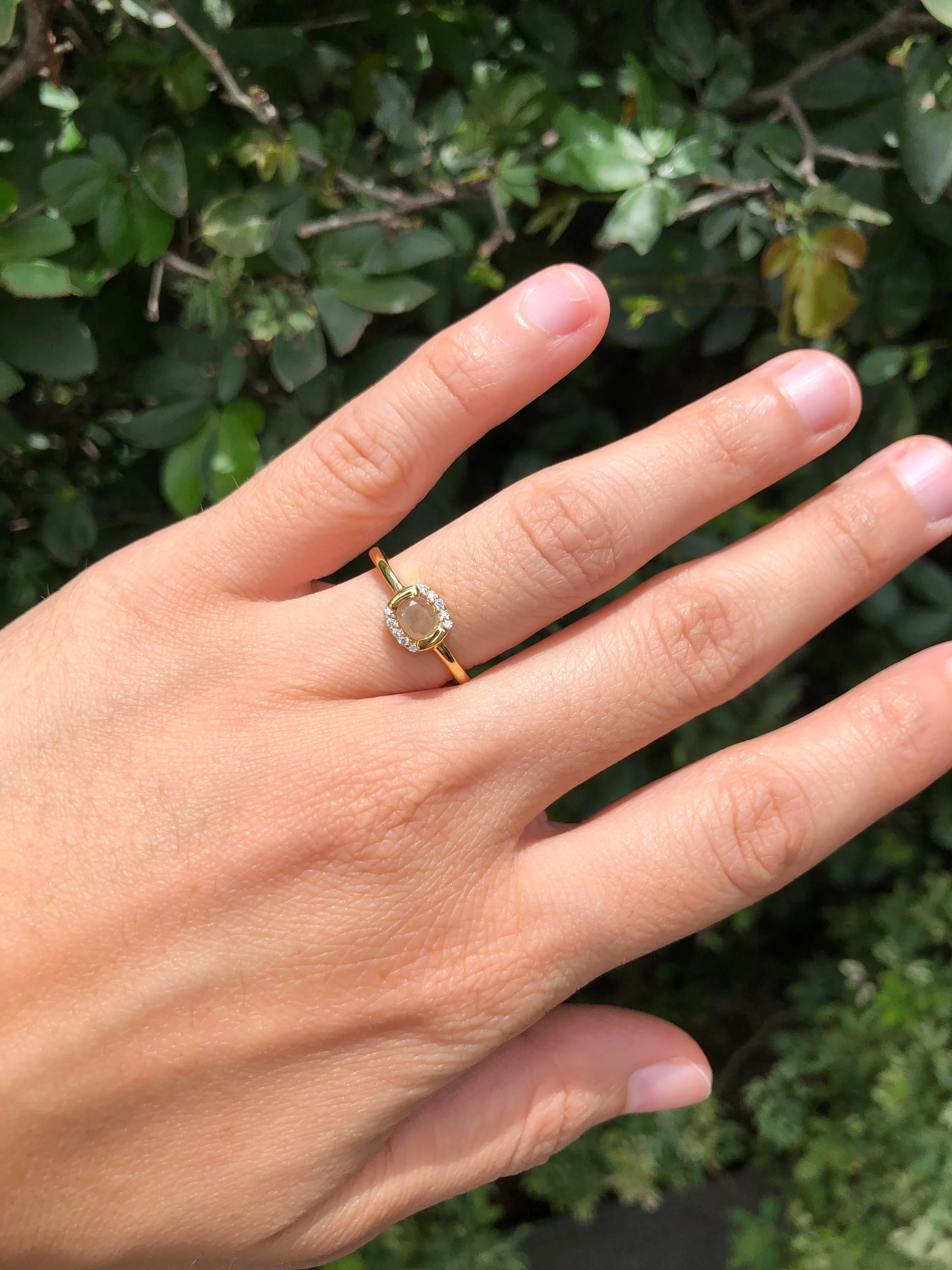 Ring with Cushion Cut Salt & Pepper Diamond (0.55 ct) and White Diamonds, Solid 14k Gold | ONE-OF-A-KIND