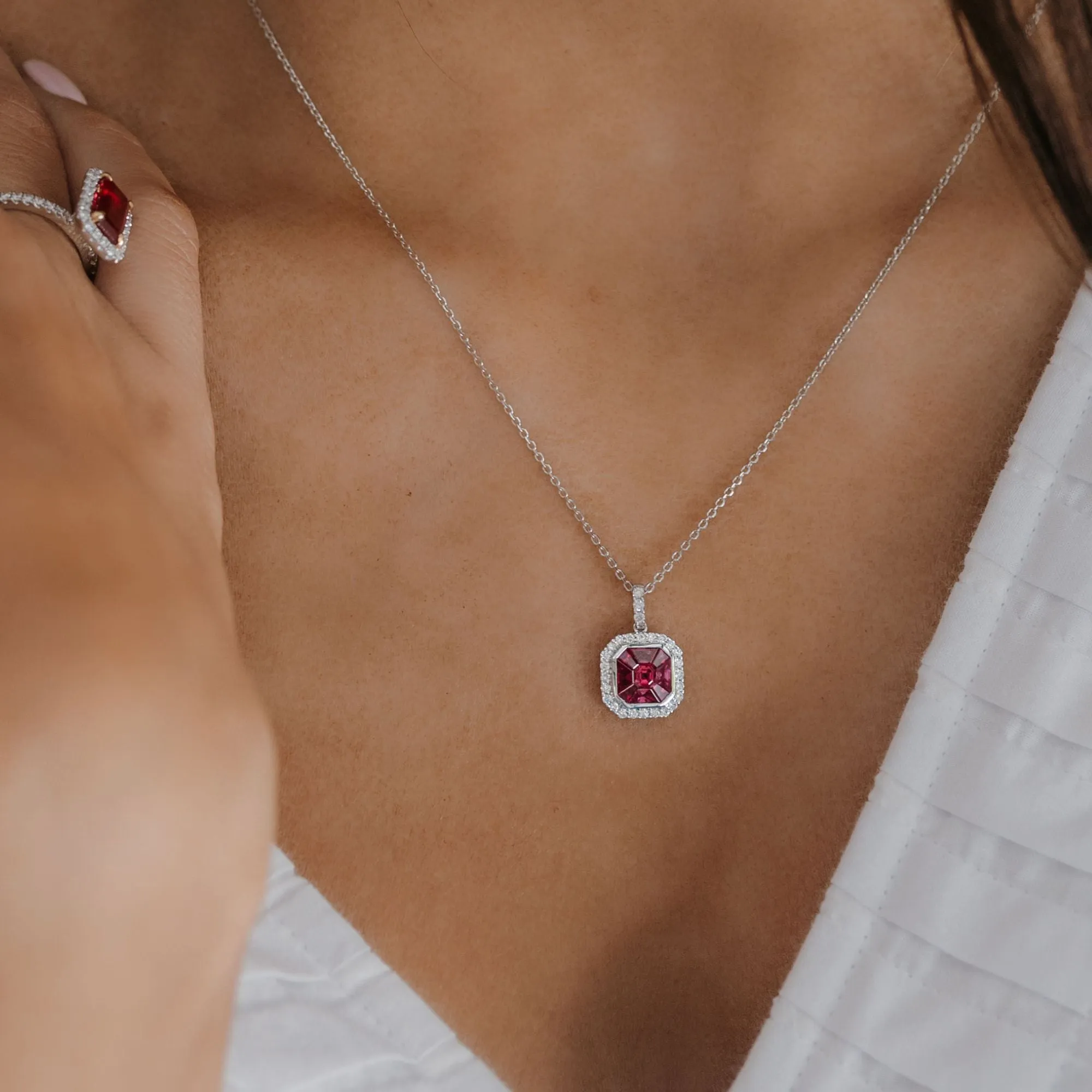 Ruby & Diamond Cushion Halo Necklace