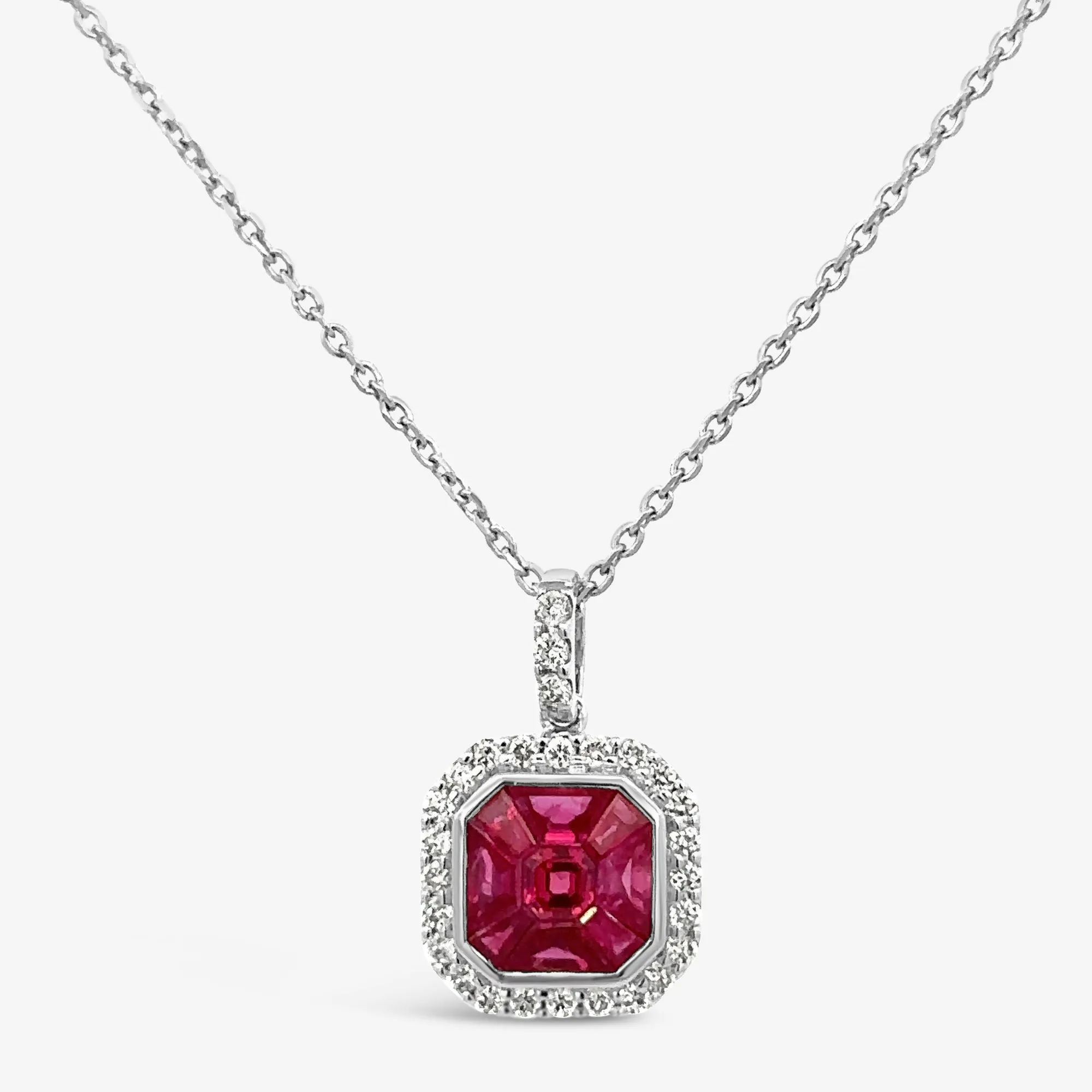 Ruby & Diamond Cushion Halo Necklace