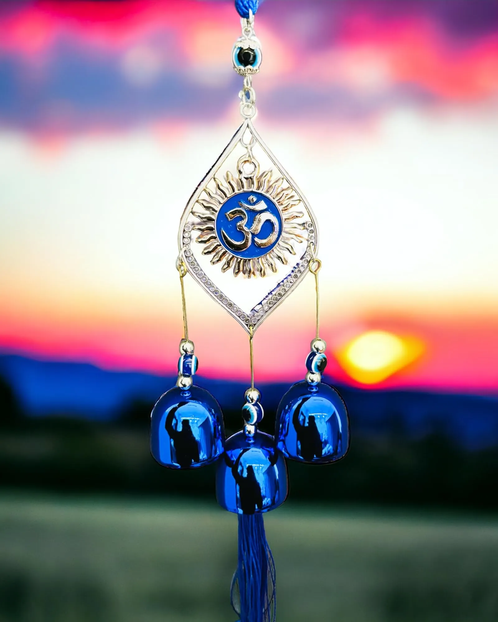 WARMINGO Evil Eye Wind Chime 3 Bells for Home & Office - Brings Positive Vibes & Removes Negative Energy | Evil Eye Wind Chime | Evil Eye OM 3 Bells