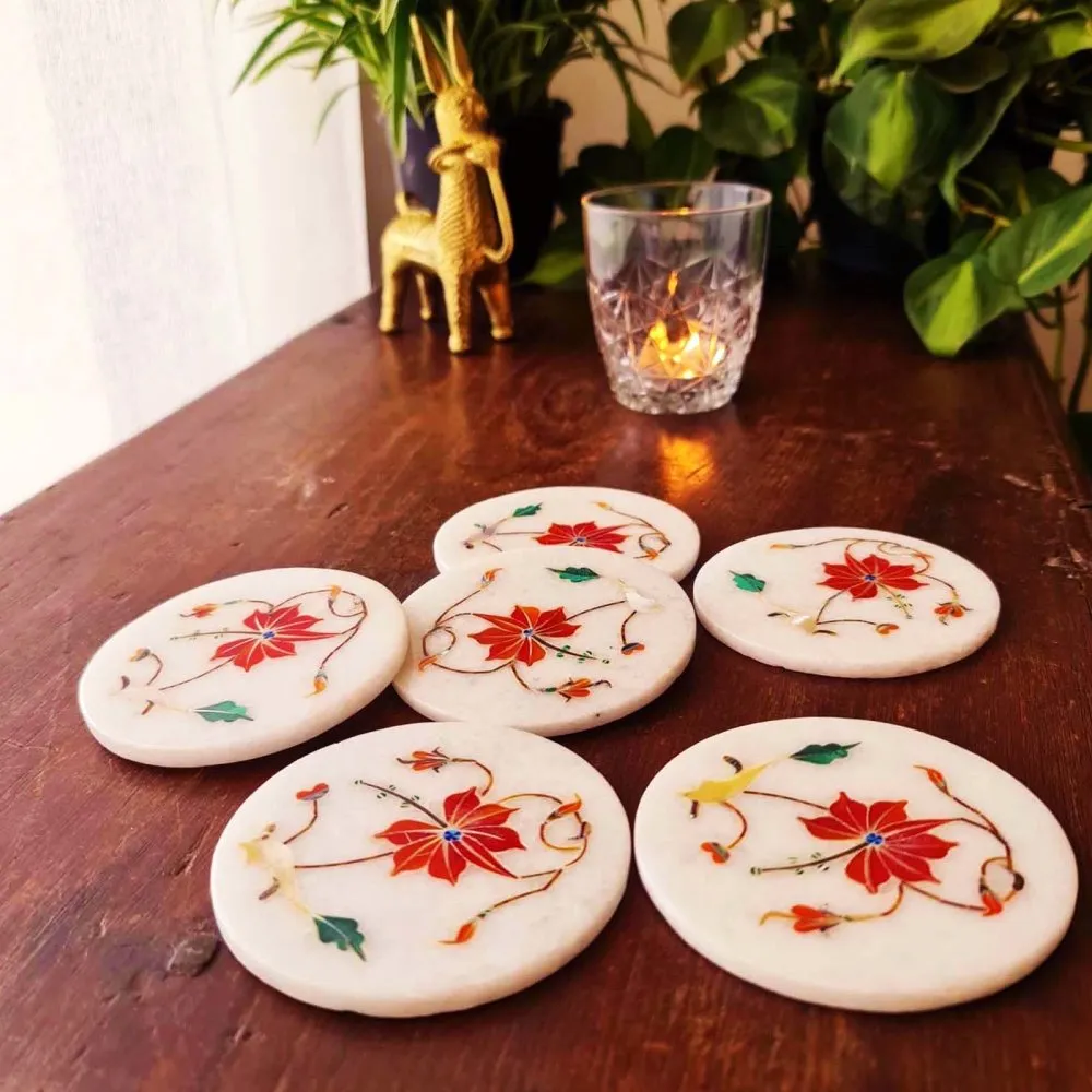 White Marble Coaster Set with Red Inlay (Set of 6 with holder)