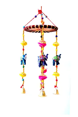 Wooden Rajasthani Colored Bells Design Wall Hanging Decorative Wind Chime I Sound Wind Chime Outdoor Hanger Room Home Traditional Showpiece (Multicolour)